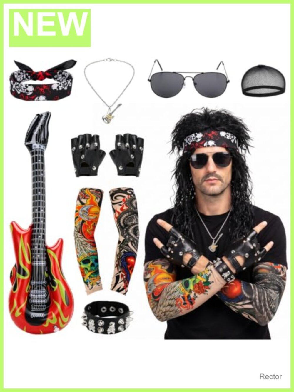 80s Rocker Costume Set Mullet Wig Accessories Men Halloween